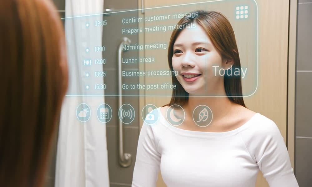 daily routine information displayed on bathroom mirror